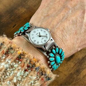 Vintagege Zuni Petit Point Turquoise Silver Watch Cuff